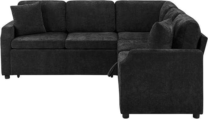 81.9 Sectional Sofa Bed L-Shaped Sectional with a Hidden Storage Compartment Versatile Pull-Out Sofa Bed with Cozy Throw Pillows for Living Room Apartments Offices (Black-04e)