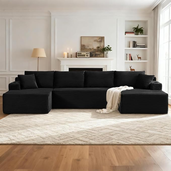 134 W Black U Shaped Boneless Couch Oversized Cloud Modular Sectional Sofa with Deep Chaise 4 Seat Corduroy Foam Compressed Cup Holders &amp Side Pockets for Living Room Apartment Large Spaces
