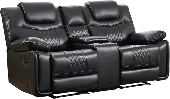 EBELLO Faux Leather Manual Loveseat Recliner Comfortable Armrest 2 Seat Recliner Sofa with Center Console Hidden Storage and Cup Holders Reclining Couch for Living Room Black (Loveseat)