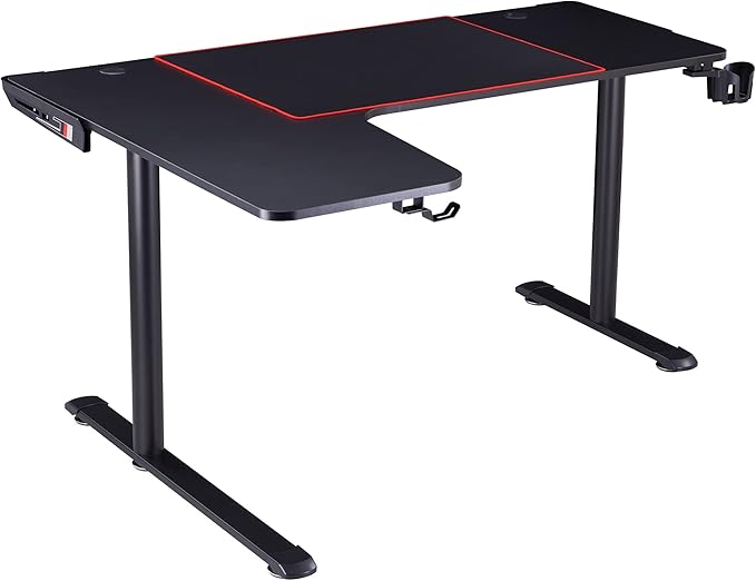 Homes: Inside + Out Kindira Modern Steel Gaming Desk with USB Ports PC Mouse Pad and Rotatable Cup-Holder for Home Office Classroom Study Room Black L-Shape