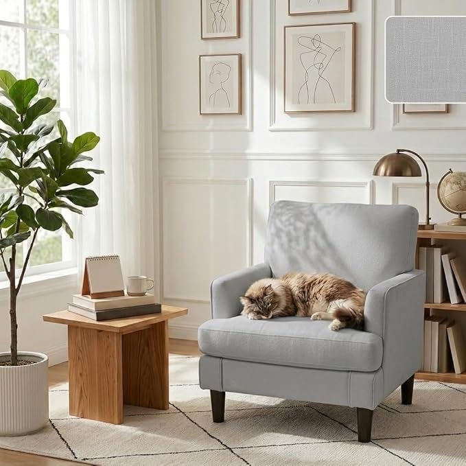 Kromax Accent Chair for Living Room No Screws Assembly Required Mid-Century Reading Chair for Bedroom Comfy Upholstered Armchair with Sturdy Legs Single Sofa Chair for Apartment Grey