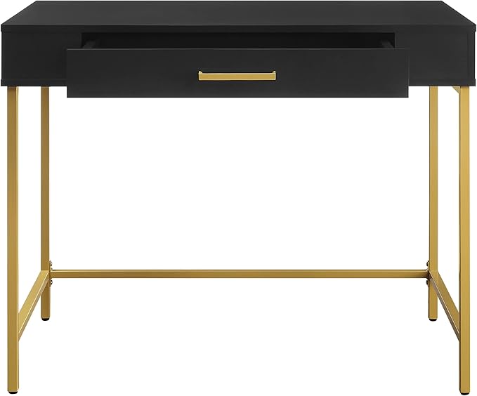OSP Home Furnishings Modern Life Contemporary Writing Desk with Large Drawer and Gold Metal Legs Black Finish