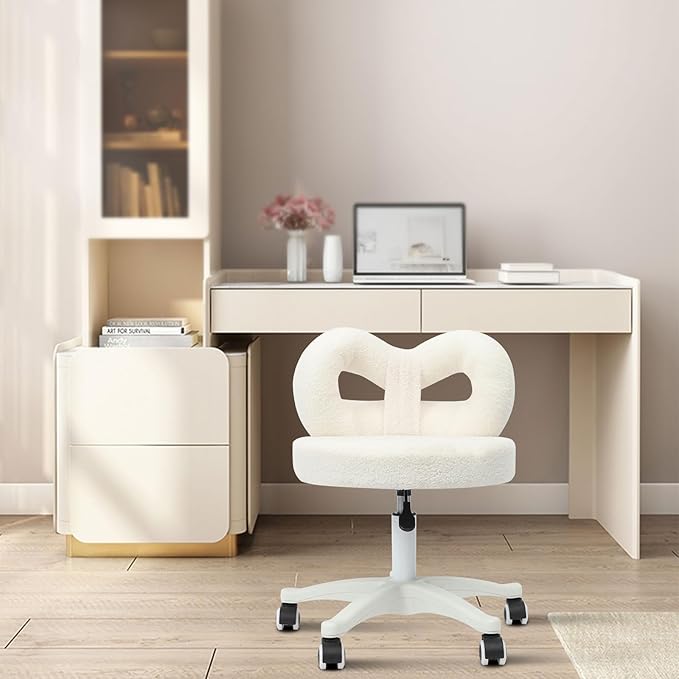 Vanity Chair with Cute Bow Backrest Adjustable Height Bedroom Vanity Stool Roller Chair with 5 Wheels White Make-up Chair Armless Dressing Chair for Bedroom Living Room