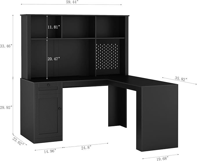 L-Shaped Desk with HutchModern Corner Computer Desk with Power Outlet &amp PegboardHome Office DeskStudy Table Writing DeskCorner Gaming Computer Desk with Storage Black