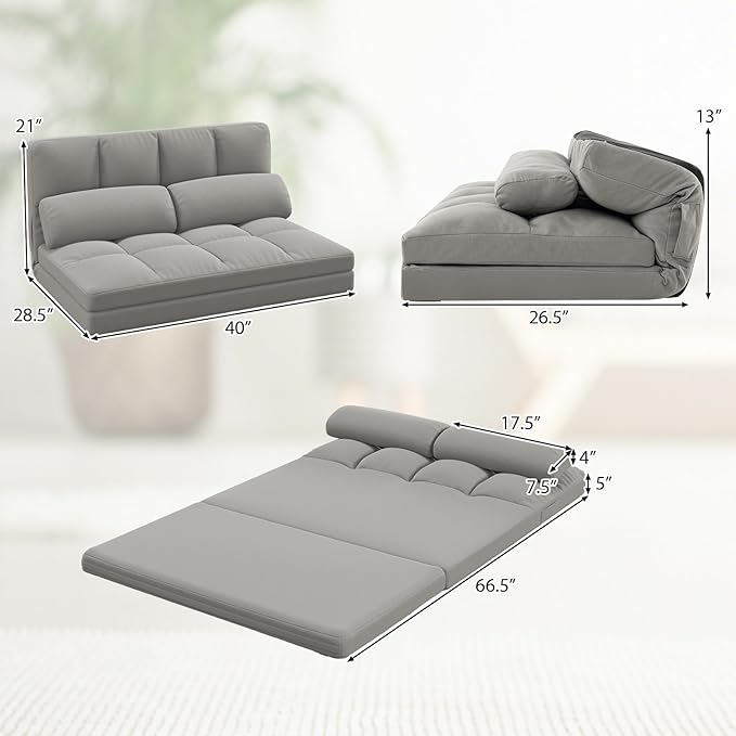 Giantex Floor Sofa Bed with 2 Pillows Convertible Sofa Couch w/ 6 Positions Adjustable Backrest Velvet Cover Folding Lazy Sleeper Sofa for Living Room Bedroom Guest Room (Light Grey)