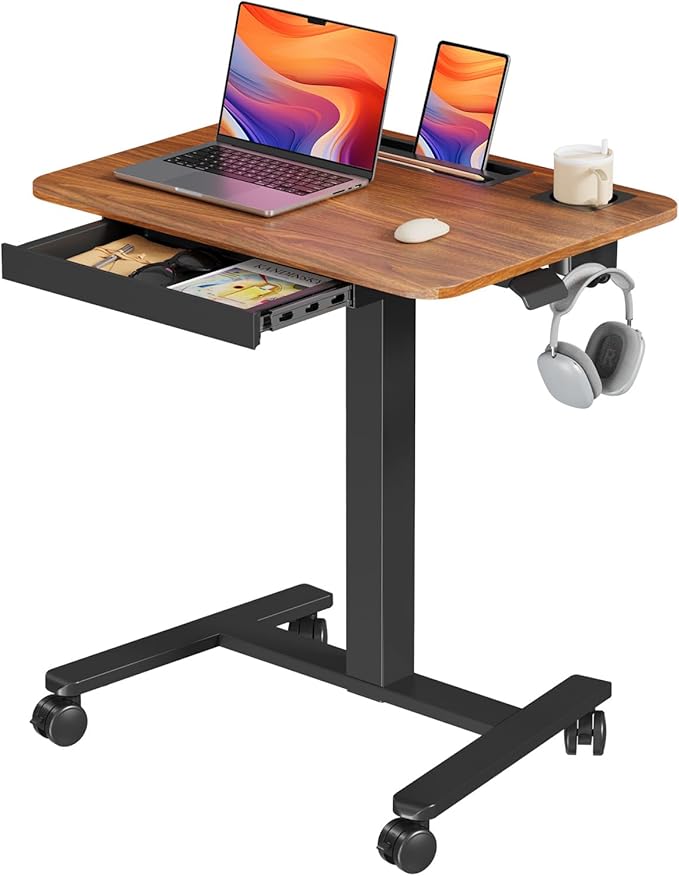 Mobile Standing Desk with Drawer 28 Rolling Desk with Cup Holder and Hooks Portable Laptop Workstation on Wheels Height Adjustable Cart with Storage for Home Office Dark Wood