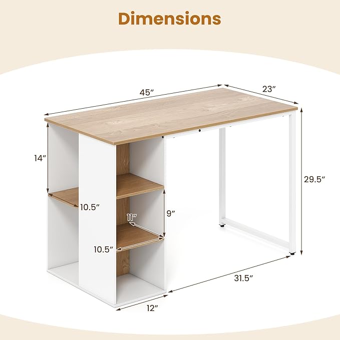 GOFLAME 45” Computer Desk Modern Home Office Desk with 5 Storage Compartments Multipurpose Writing Desk PC Workstation Laptop Desk with Heavy-Duty Metal Frame for Study Room Bedroom