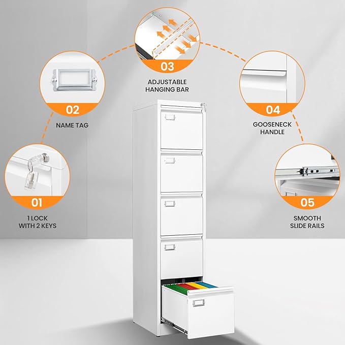 5 Drawer File Cabinet with Lock Metal Filing Cabinets for Home Office Vertical White Locking File Caninet Steel Narrow Five Drawer File Cabnet for Letter/Legal / A4 / B4- Assembly Required