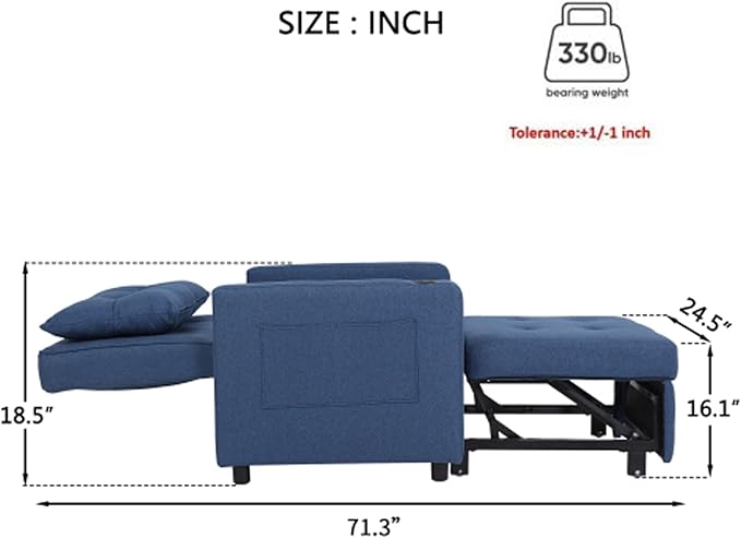 3-in-1 Convertible Sleeper Chair Pull-Out Chair Sleeper with USB Ports and Side Pocket Adult Chair Beds Adjustable Sofa Bed Chairs for Living Rooms and Small Spaces Navy Blue