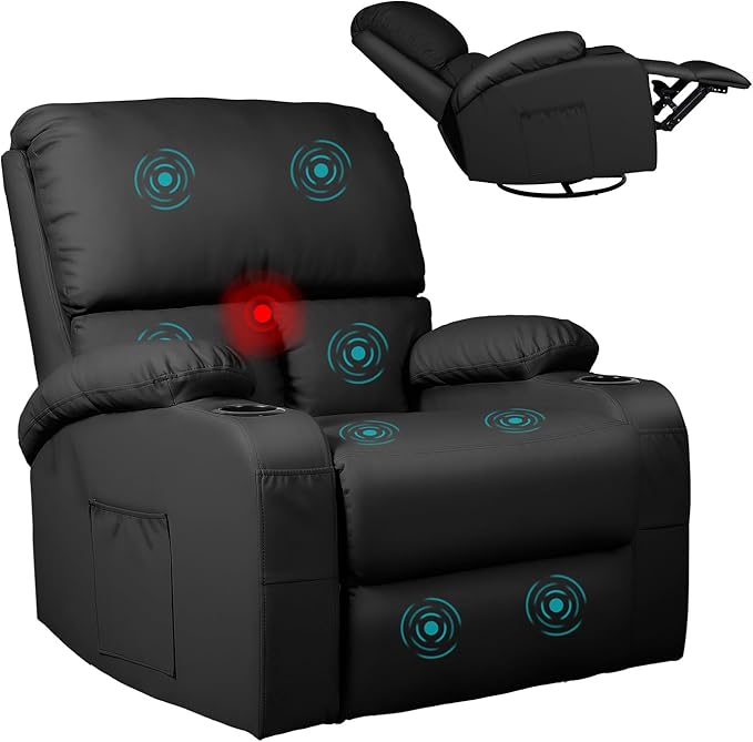 LEVELEVE Rocking Recliner Chair Massage Chair with Vibration Massage and Heat 360° Swivel Faux Leather Chairs Living Room Bedroom Nursery RV Black