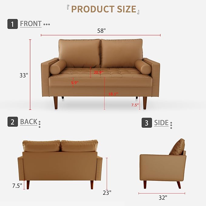 58 Loveseat SofaFaux Leather Couch with Thick Cushion and Wooden LegsLove Seat Sofa Couches for Living Room Bedroom Office Home Apartment Brown