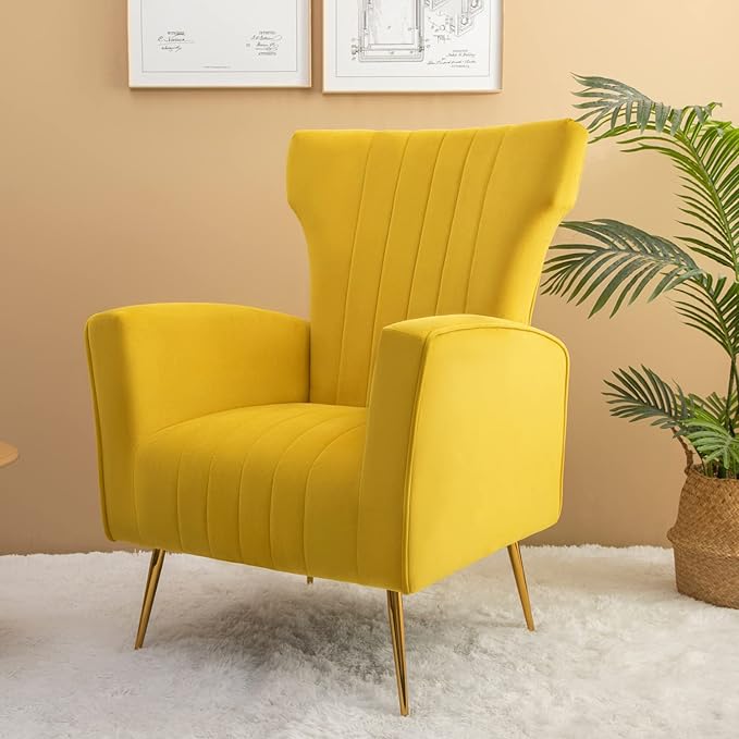 Generic Velvet Accent Chair Wingback Arm Chair with Gold Legs Upholstered Single Sofa for Living Room Bedroom Yellow