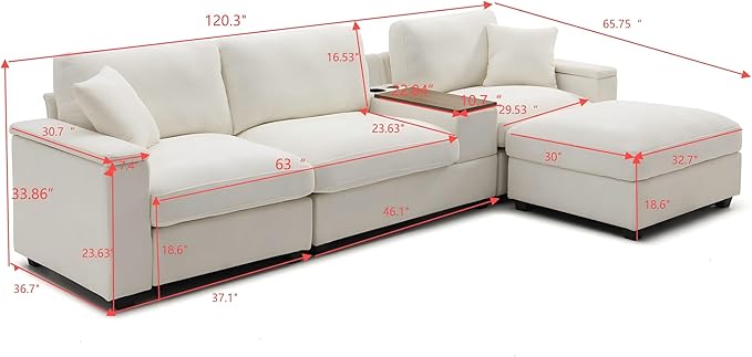 Oversized L-Shaped Modular Sectional Sofa with Storage Armrest Reversible Couch with Movable Ottoman USB Ports Cup Holders 360°Swivel Tray Comfy Cloud Cushions for Living Room or Apartment Beige