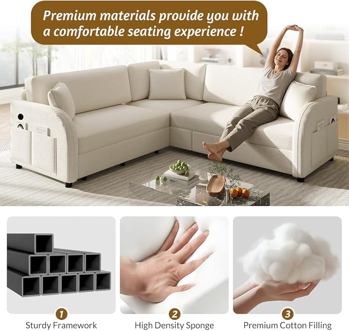 85.1 Sectional Sleeper Sofa with Pull Out Bed Comfy Teddy L Shaped Convertible Sleeper Couch Oversized Modern Modular Deep Seat Cloud Couches with USB Ports for Living Room Beige White