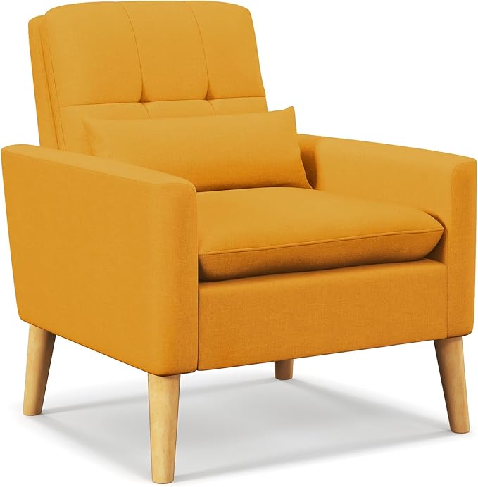 Giantex Modern Accent Chair Mid-Century Linen Fabric Armchair w/Lumbar Pillow Back &amp Seat Cushion Comfy Single Sofa Chair with Rubber Wood Legs for Living Room Bedroom Reading Room Yellow
