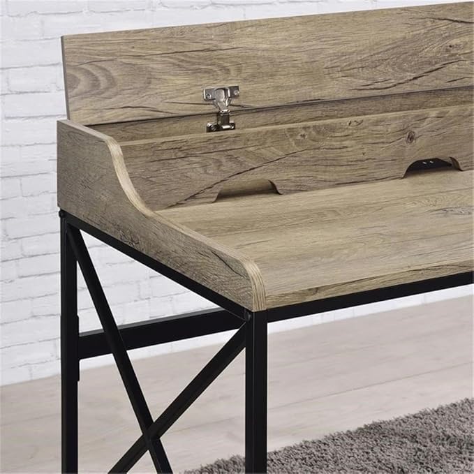 Pemberly Row Contemporary Gray Wood and Black Metal Desk USB Port and Electrical Outlet 48.75 in Wide Modern Design with Hidden Storage Levelers Home Office Workspace Furniture