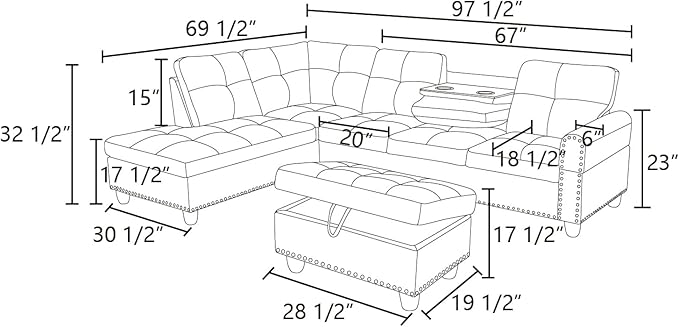 L Shaped Sectional Couches Convertible Lounge Leather Couch with Reversible Cup Holder Nail-Head Design Modern Modular Sectional Sofa for Living Room Furniture Sets Brown A