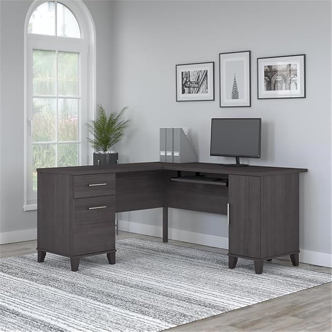 Pemberly Row 60W L Shaped Desk with Storage Storm Gray Finish Engineered Wood Pull-Out Keyboard Tray File Drawer Vertical Cabinet Wire Management Home Office Corner Desk