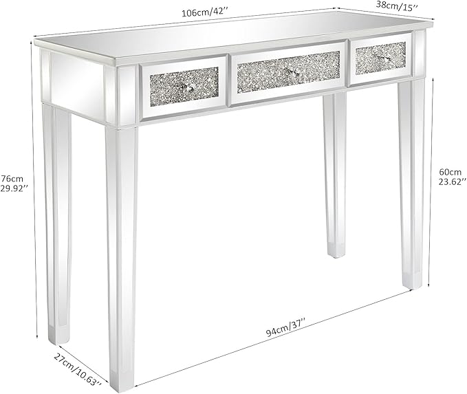 JHshop 42 Console Table Mirror Computer Desk Office Desk Writing Table for Home Office Desk WorkstationMirrored Desk with 3 Drawers Console Table Mirror Sofa Table Living Room Entryway Foyer
