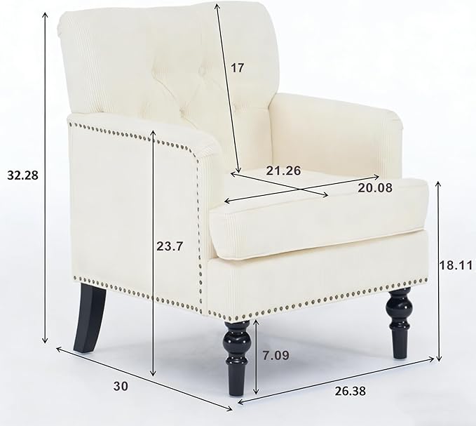Accent Chair for Living Room Mid-Century Armchairs for Small Spaces Chenille Upholstered Comfy Reading Armchair with Studded for Bedroom (Beige)