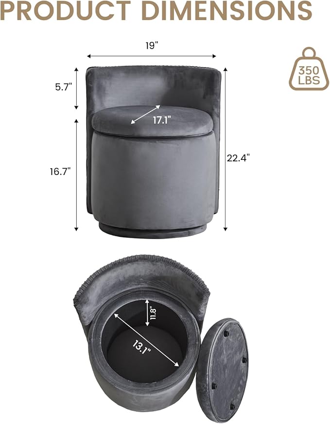 Velvet Vanity Chair with Storage 360° Swivel Round Storage Ottoman with Pillows No Assembly Modern Comfy Makeup Stool for Bedroom Dressing Living Room (Grey)