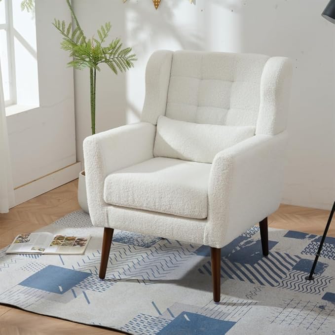 Modern Accent ChairChenille Arm Chairs for Living RoomUpholstered Mordern ArmchairComfy Soft Padded Lounge Chair in Small Space Bedroom w/Pillow Solid Wood Leg (White + Teddy)