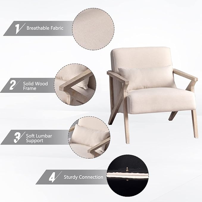 INZOY Mid Century Modern Chair with Wood Frame Upholstered Armchair with Waist Cushion Accent Chair for Living Room Bedroom Apartment Easy Assembly Beige