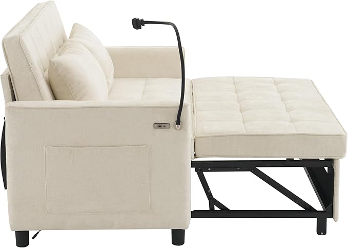 56.9 Loveseat Pull-Out Sofa Bed Chenille Sleeper Sofa Couch with a Reversible Backrest Cushion Side Pockets Two USB Ports and a Phone Holder for Living Room (Beige1)