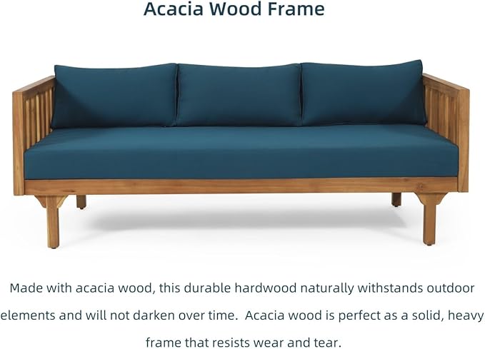 Merax Solid Acacia Wood Couch Chaise Lounge Chair Indoor 3 Seater Daybed Sofa Couches with Cushions &amp Pillow Heavy Frame Day Bed for Living Room Office Outdoor Balcony Patio Water Resistant