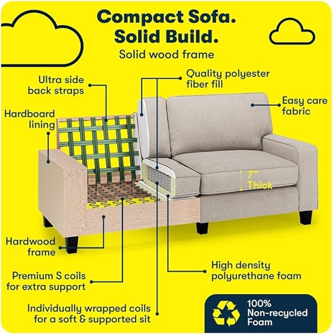Pemberly Row 73 Track Arm Sofa Light Gray Upholstery Removable Covers Solid Wood Frame Modern Classic Design Compact Size for Smaller Apartments Living Room or Home Office Furniture