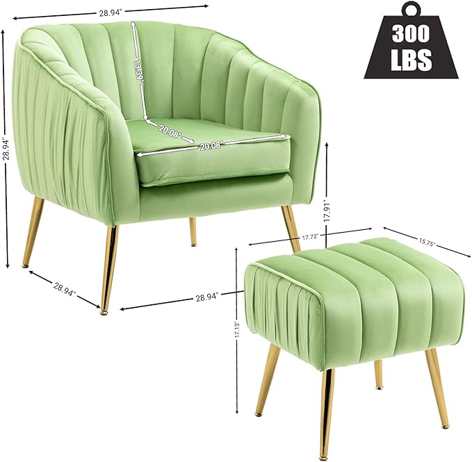 Velvet Accent Sofa Chair with Ottoman Comfy Living Room Chairs with Adjustable Legs Modern Upholstered Tufted Lounge Barrel Chair Ottoman Set for Bedroom Home Office (Grass Green)