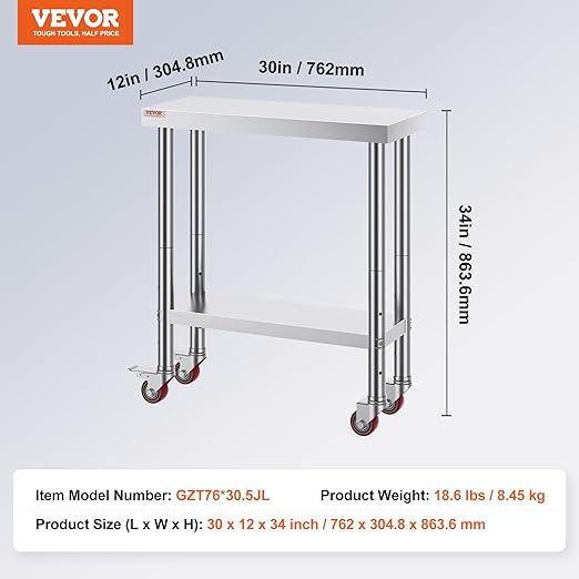 VEVOR Stainless Steel Work Table 30 x 12 x 34 Inch 700 LBS Load Capacity with 4 Wheels 3 Adjustable Height Levels Heavy Duty Food Prep Worktable for Commercial Kitchen Restaurant Silver