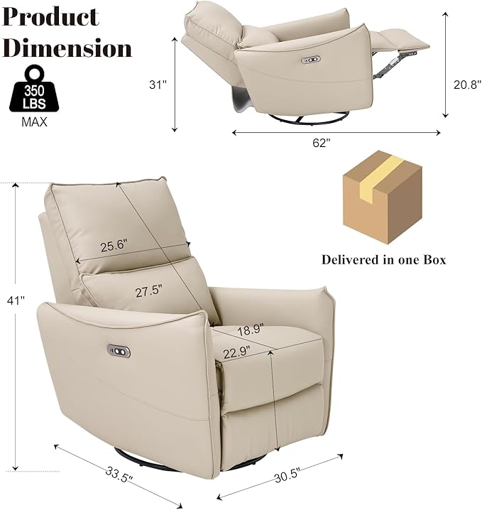 Recliner Sofa Rocking Chair Swivel Power Reclining Adjustable 360 Degree Spinning with Ergonomics Lumbar Support Natural Leather for Home Theater Seating Living Room Bedroom Nursery Beige