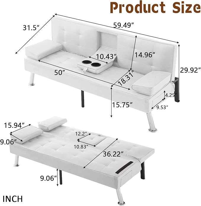 Anwick Convertible Folding Futon Sofa BedModern PU Leather Sleeper Love Seat with 3 Reclining Backrest &amp Cup Holders67 Comfy Sofa Couches for Living Room Small Home Office (White)