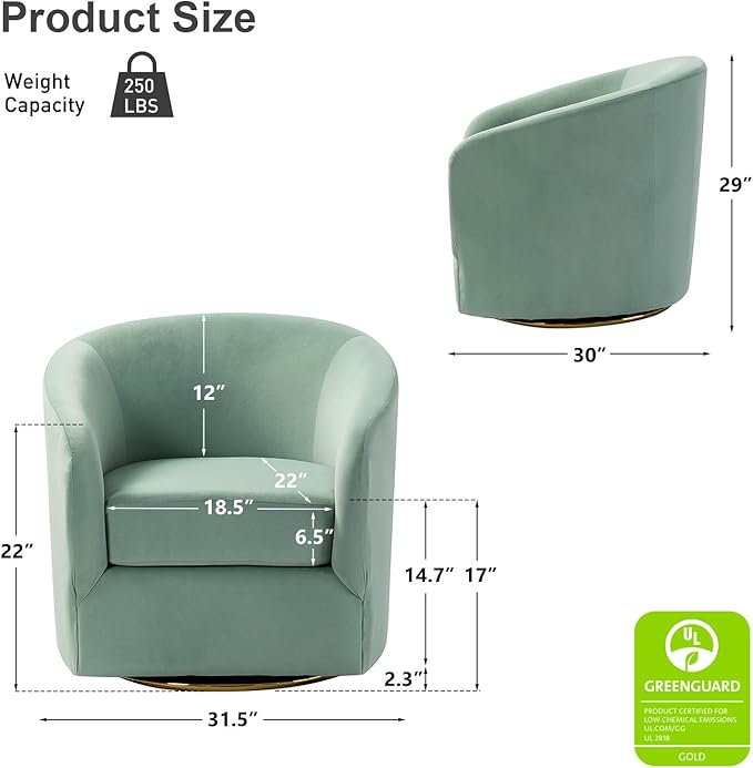 HULALA HOME Swivel Accent Chair with Gold Metal Base Set of 2 Contemporary Velvet Curved Swivel Barrel Chair Upholstered Club Armchair Leisure Single Sofa for Living Room Nursery Bedroom(SAGE)