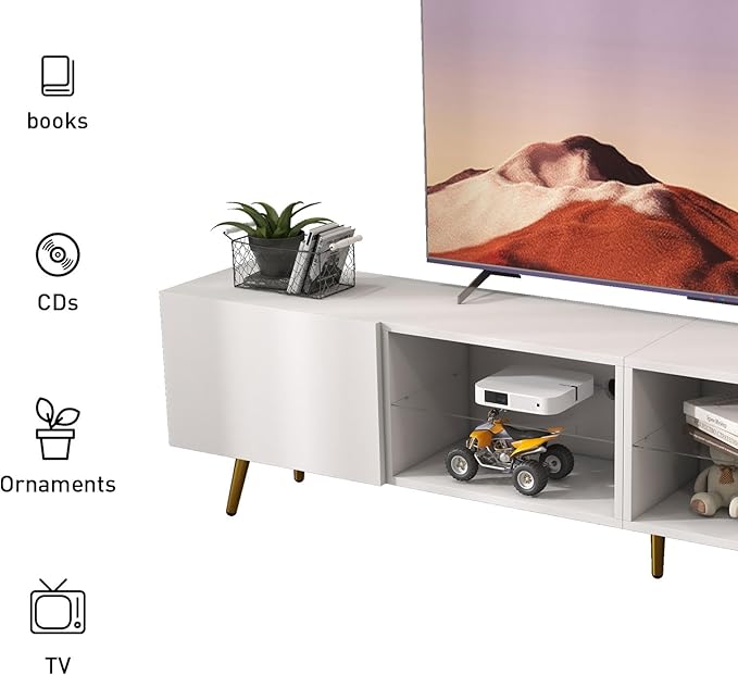 Bonzy Home 86 LED TV Stand Modern Entertainment Center up to 75 80 85 TV Television Console Table with Storage Cabinets for Living Room White