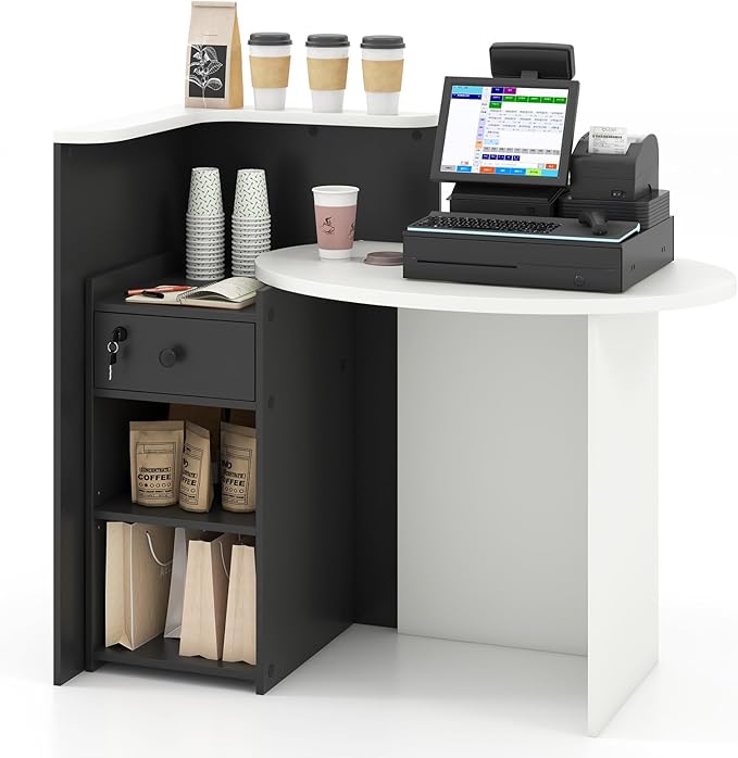 MAT EXPERT Reception Desk Front Desk with Open Shelves Lockable Drawer Round Tabletop Checkout Counter Retail Counter Computer Workstation for Office (Black Cabinet &amp White Desktop)
