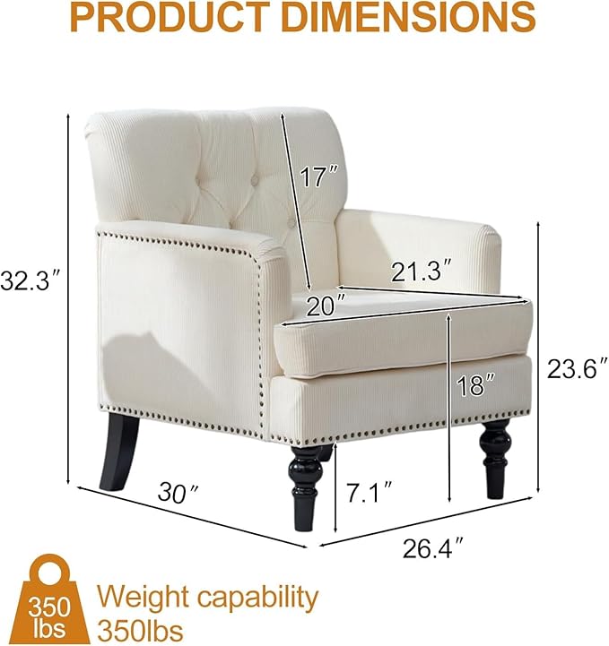 Mid Century Modern Accent Chair Upholstered Armchair for Adults with Button Linen Reading Chair with Studded and Rubber Wood Legs for Living Room Bedroom Apartment Office (Beige)
