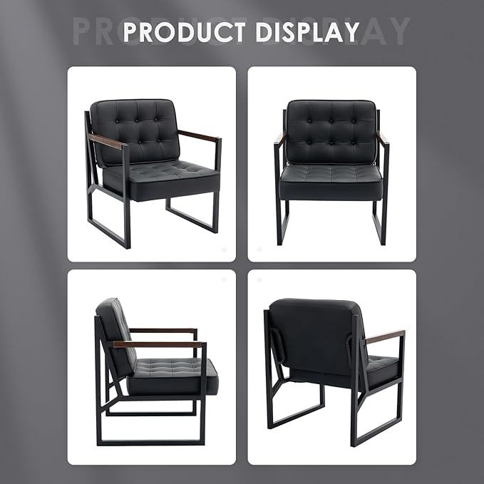 COLAMY Mid Century Modern Accent Chair Set of 2 Comfy Living Room Chair Black Leather Accent Chair Faux Leather Reception Armchair with Metal Legs for Living Room Bedroom Reception Office Black
