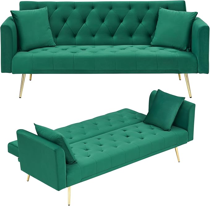 71Convertible Futon Sofa Bed - Modern Velvet Sleeper Couch with Adjustable Backrest Tufted Recliner with Golden Chrome Legs &amp 2 Pillows Perfect for Small Spaces Living Room &amp Apartment (Gr