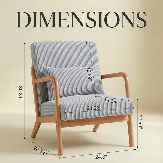 Corduroy Upholstered Mid Century Modern Accent Chair with Wide Armrests and Pillow Comfy Reading Armchair for Living Room Bedroom Guest Room (Light Grey+Light Oak Finish Frame)