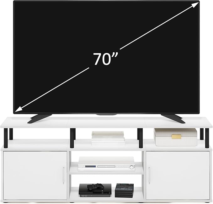 Furinno Jensen Entertainment Center Stand for TV up to 70 Inch Plastic Pole Solid White/Black