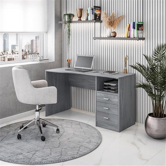 Pemberly Row Contemporary Writing Desk 51.25 in Wide Gray Finish Heavy-Duty Particle Board and Steel 3 Drawers Side Shelf Large Workstation or Drafting Table for Office or Home Use