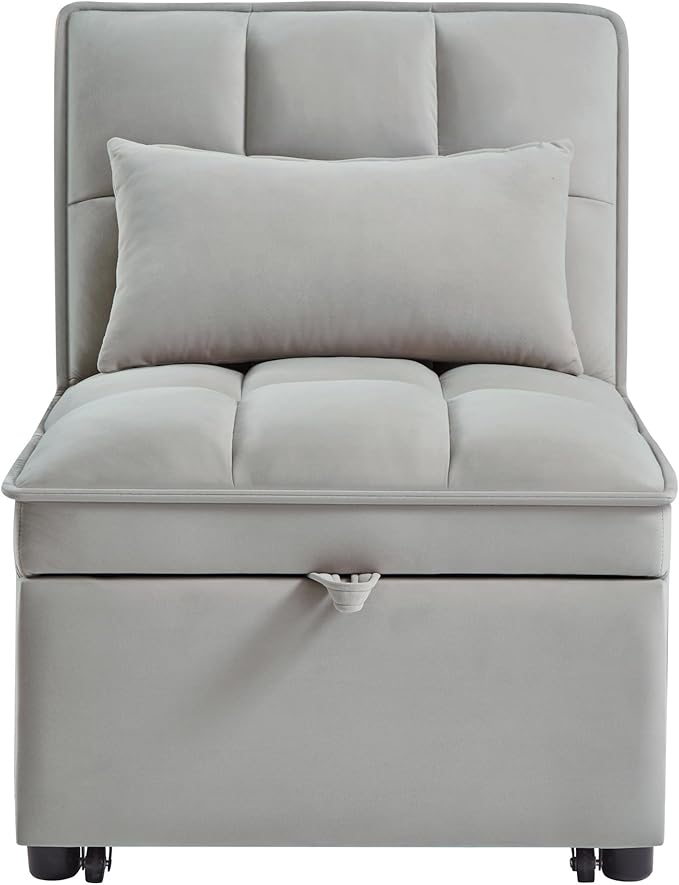 Multi-Function Convertible Single Sleeper Sofa Bed with Storage PocketsVelvet Tufted Pull-Out Couch Bed 4in1 W/Adjustable Backrest &amp PillowsChaise Lounge for Living RoomSmall SpaceGray