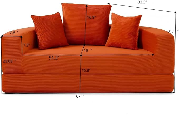 Folding Sofa Bed Corduroy Circular Boneless Couch No Assembly Convertible Sleeper Sofa with 3 Pillow Comfy Futon Sofa Bed for Apartment Office Bedroom Living Room Orange