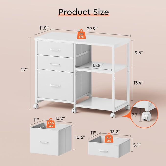 3 Drawer File Cabinet with Wheels Rolling Printer Stand with Open Storage Shelf Fabric Lateral Filing Cabinet for Home OfficeWhite