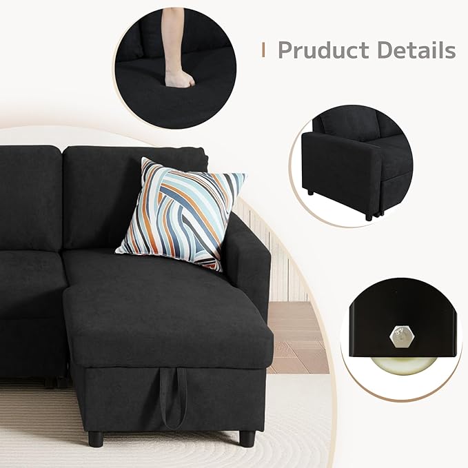 L-Shaped Sleeper Sofa with Chaise Lounge &amp Storage Pull-Out Couch Bed with Recliner Full Size Futon for Living Room Office Apartment Black