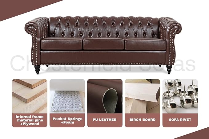 Brown Faux Leather Couch for Living Room Comfy Deep-Seated Chesterfield 3-Seater Sofa for Bedroom Office or Apartment. Luxury Classic Sofa Furniture Tool-Free Assembly.