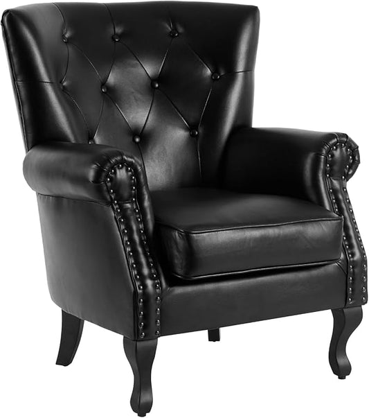 MOJAY PU Leather Accent Chair Mid-Century Modern Armchair Living Room Club Chair with Tufted Button &amp Rivet Trim Upholstered Sofa Chair with Sturdy Wood Legs for Bedroom (Black)