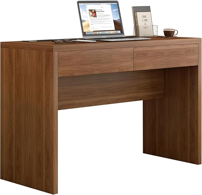 47-Inch Computer Desk with Pull-Out Outlet Home Office Desks with 2 Sturdy Drawers Writing/Gaming/Work/Study Desk for Bedroom Living Room Brown